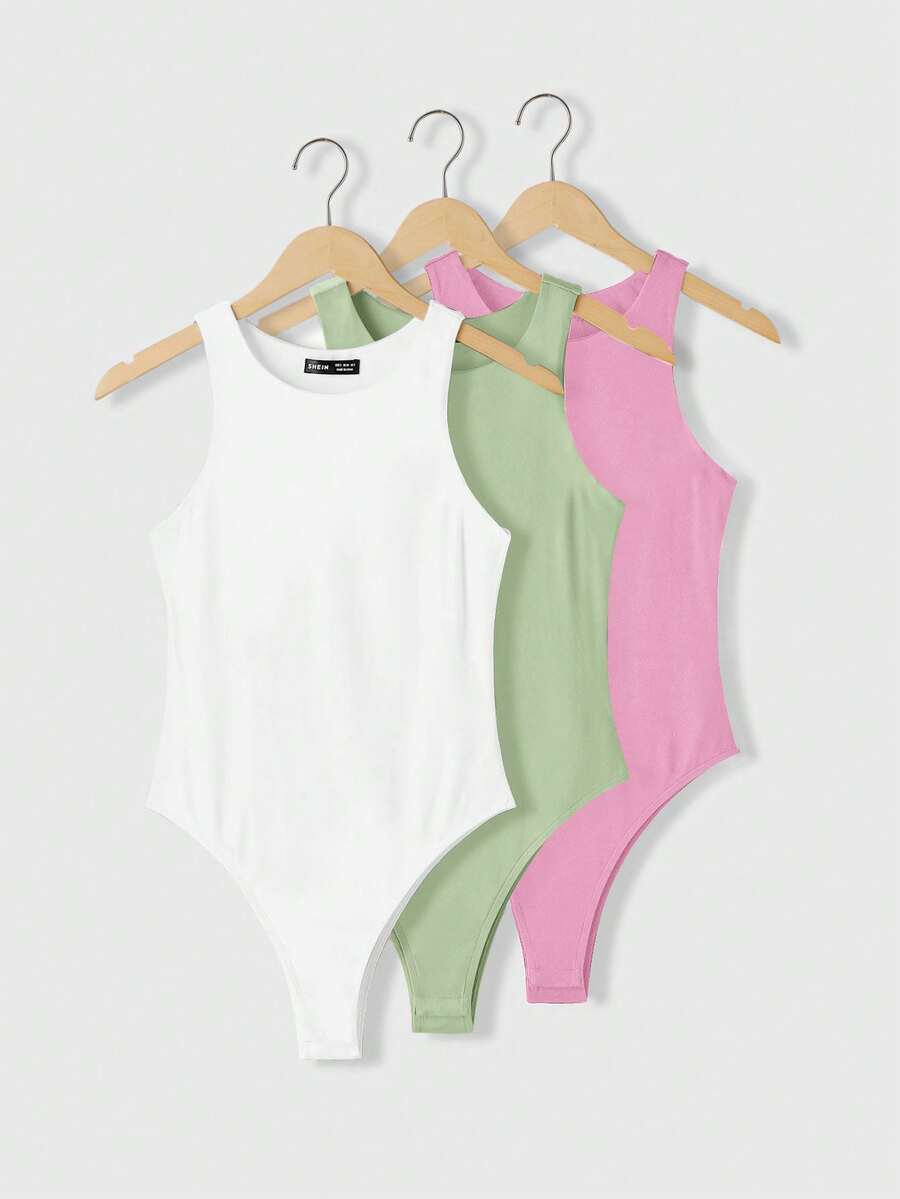 SHEIN BASICS 3 pièces/set Body moulant en tricot à col rond sans manches de couleur unie décontracté pour femmes - Multicolore - Voir 1