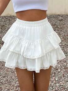 DAZY Women's Solid Color A-Line Umbrella Skirt, Contrast Lace Ruffle Hem Casual Holiday Skirt, Summer - White - View 3