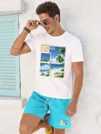 VIVINTIMO 标准尺码男士白色上衣和蓝色裤子T恤套装