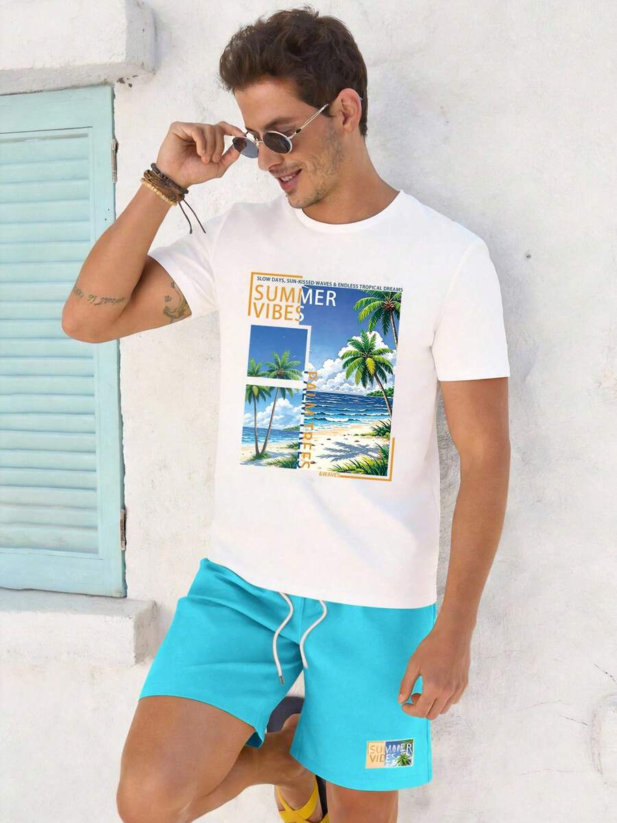 VIVINTIMO Conjunto de camiseta y pantalón corto de talla estándar para hombre, color blanco y azul, para vacaciones - Multicolor - Ver 1
