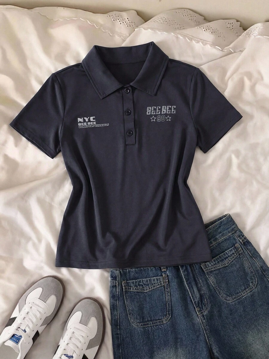 Tween Girl Letter Print Short Sleeve Polo Neck T-Shirt - Dark Grey - View 1