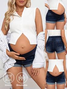 SHEIN Asymmetric Waist Skinny Casual Maternity Denim Shorts Summer Carnival Costume Commuting Vacation Graduation Chic Y2k Cute Streetwear Party Wedding Elegant Business Casual Woman Business Beach Graduation Easter Maternity Dark Wash Denim Shorts With Roll Up Hem And Comfy Supportive Over Bump Band For Expectant Mothers - Blue - View 8