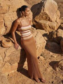 Anewsta 春季法式复古竖条纹针织长裙 - 彩色 - 查看 2