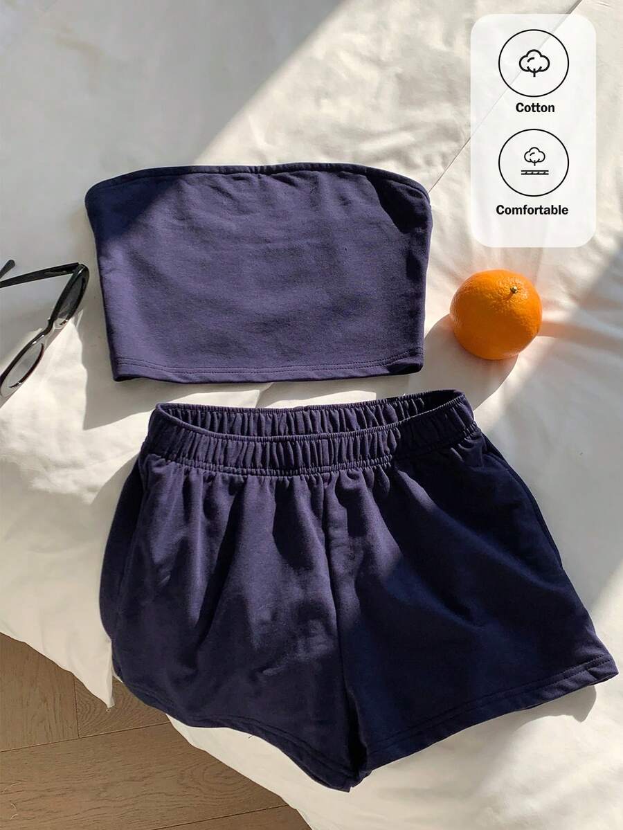 Comfortcana Bộ 2 món/Bộ áo crop top xanh navy đơn giản và quần short cho nữ mùa hè - Màu xanh hải quân - Xem 1