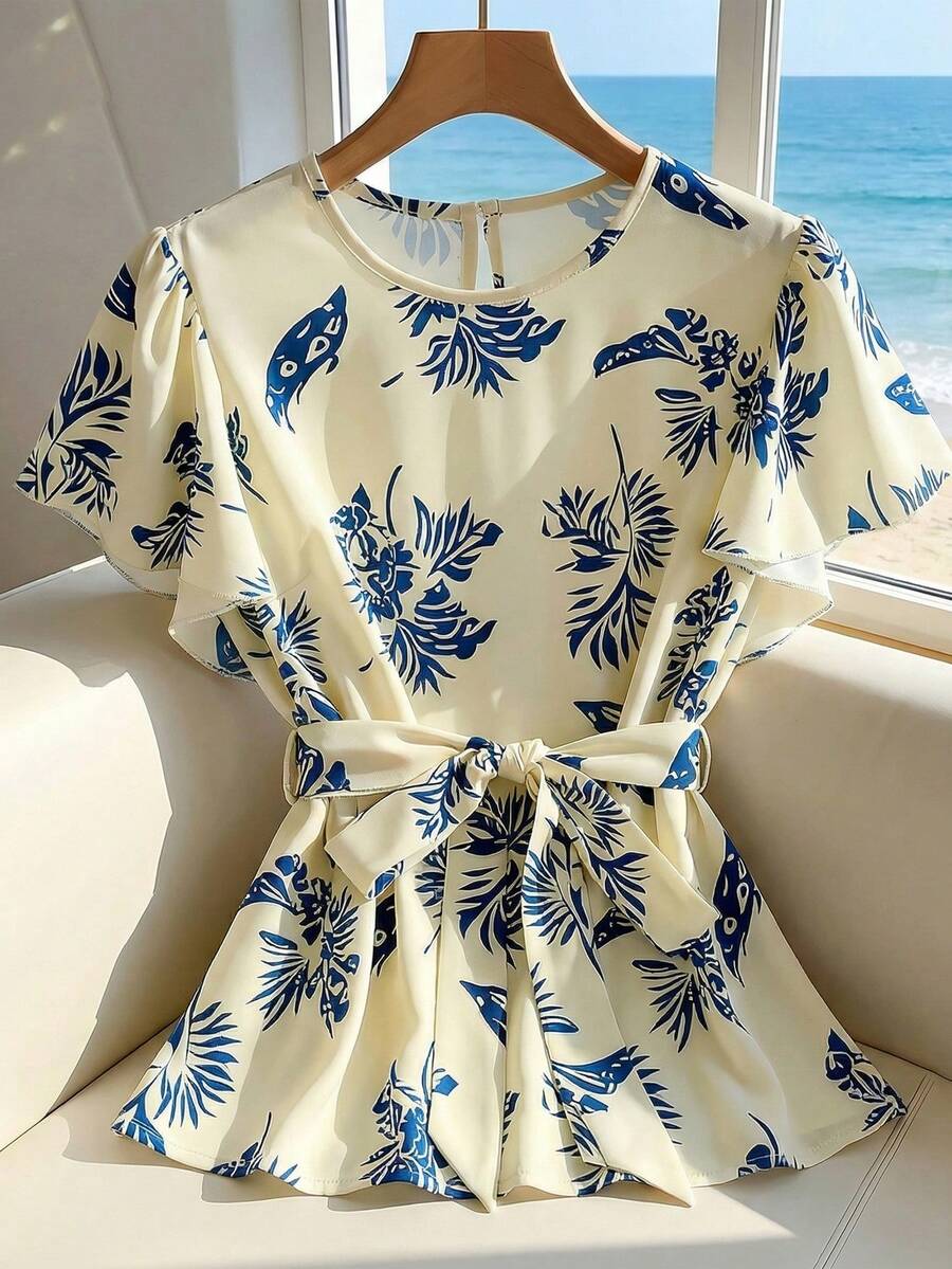 Franclia Cămașă elegantă pentru femei, cu imprimeu floral și volane, potrivită pentru naveta, ieșiri și întâlniri în primăvara/vara - Caisă - Vizualizare 1