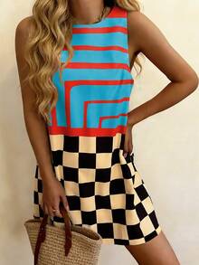 Vaclyn Gaun Tanpa Lengan Wanita dengan Motif Blok Warna, Garis-garis, dan Kotak-kotak - MultiWarna - View 4