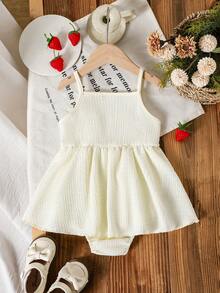 SHEIN 女婴无袖草莓印花纹理面料连体衣，夏季 - 杏色 - 查看 2