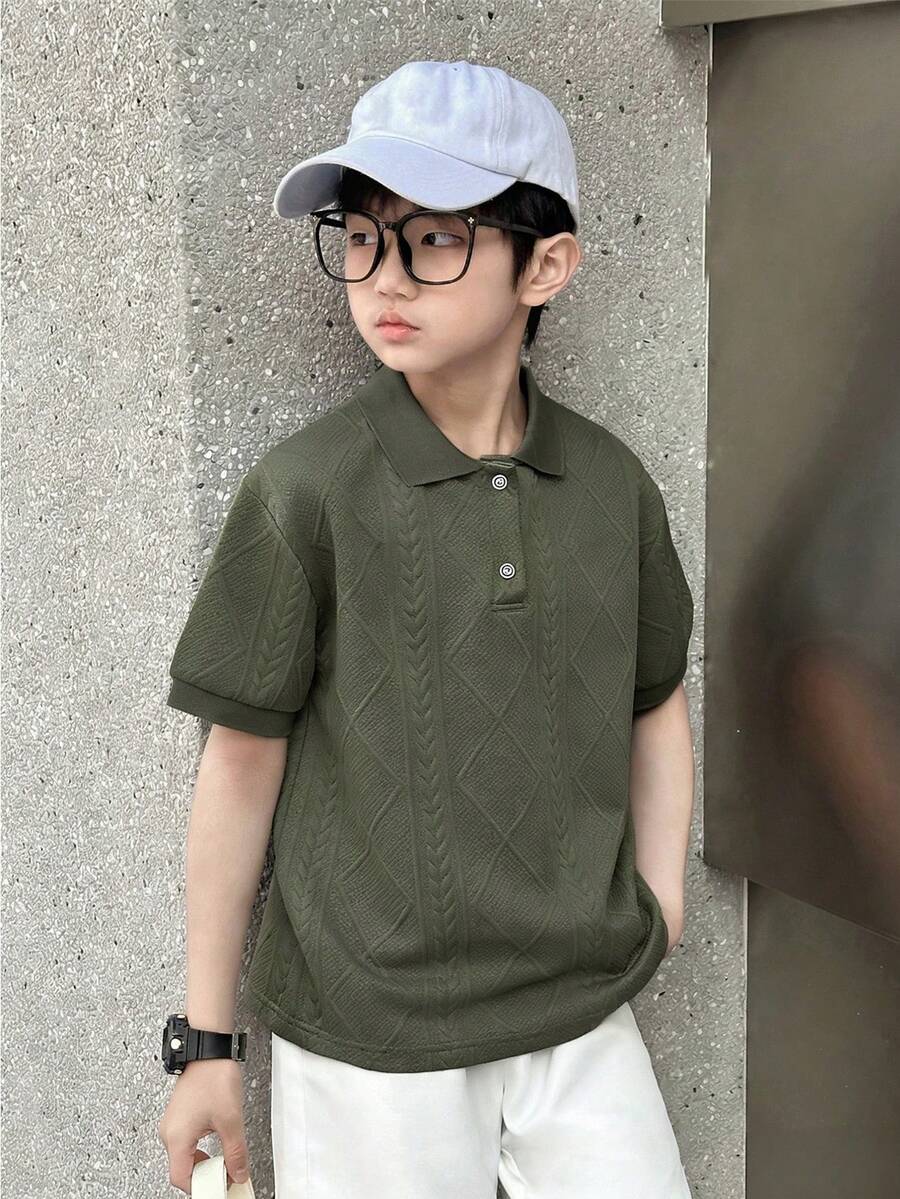 Teens Boys' Solid Color Minimalist Casual Short Sleeve Polo Shirt - Army Green - View 1