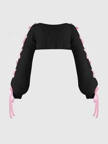 ROMWE Áo khoác cardigan dệt kim trơn màu trơn, đa năng, kiểu Kawaii, cỡ lớn, có nơ, màu hồng. - màu đen - Xem 5