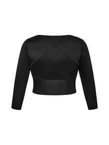 SHAPORA Plus Size Solid Color Front Button Fitted Crew Neck Shaping Top - Black - View 9