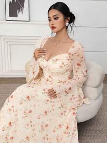 Feyla Plus Size Women Floral Print Sweetheart Neck Flare Sleeve Elegant Dress Formal Wedding Guest Pink Autumn Fall - Multicolor - View 7