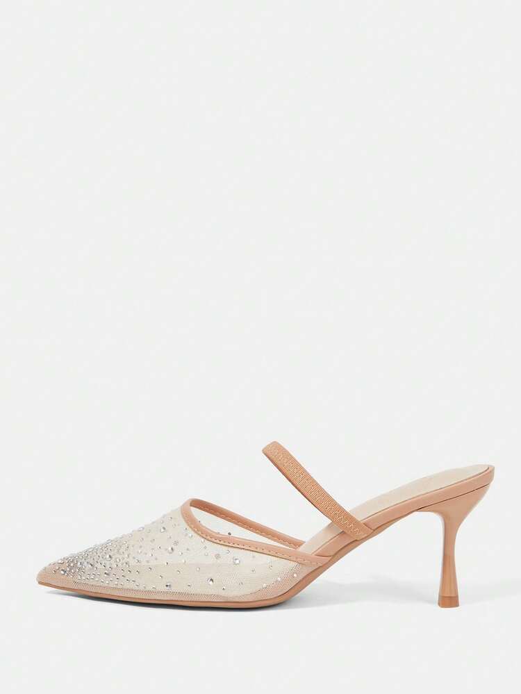 CUCCOO HITCHD Women Shoes Spring And Summer Shining Rhinestones Pointed Slip-On Mule Heels Slim Heel Medium Heel 6.5cm Women's High Heel Shoes Elegant Mesh Commuter Dating Party