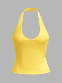 SHEIN BASICS 女士休闲纯色针织露背上衣 - 鵝黃色 - 查看 6