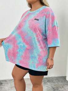 SHEIN CURVE+ Camiseta de manga corta con cuello redondo y estampado de teñido anudado en talla grande para mujer, para el verano - Multicolor - Ver 6