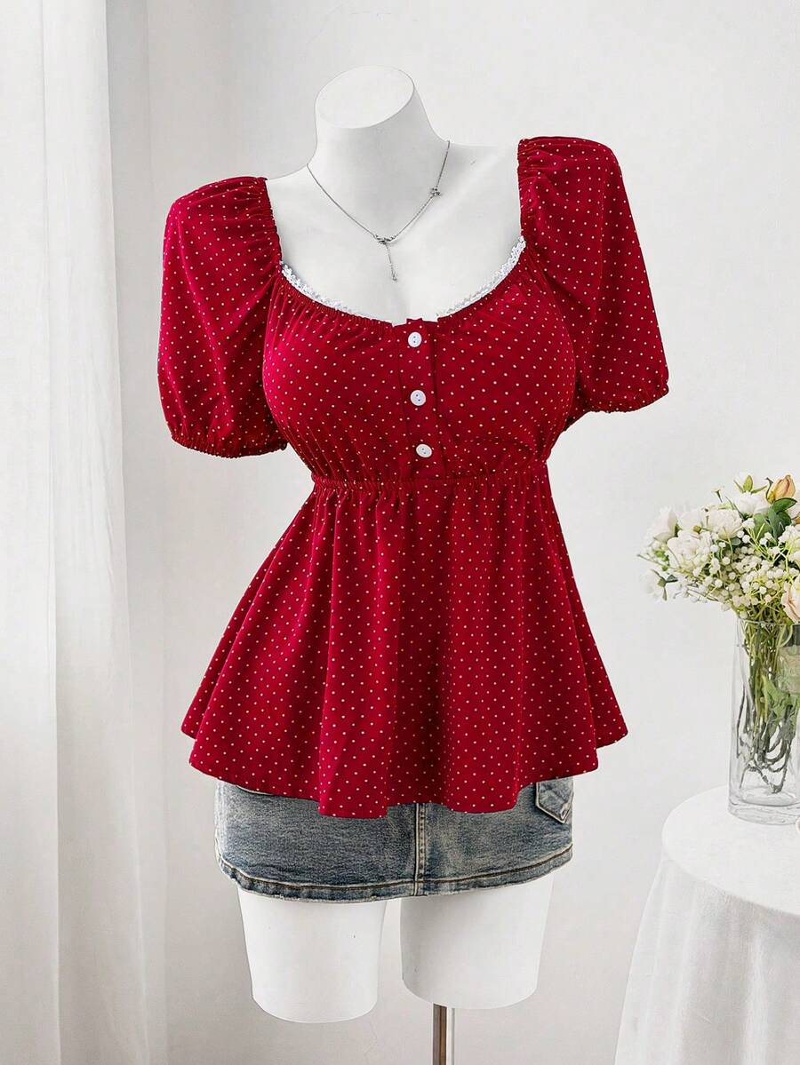 Sweetra 大码女式舒适方领波点印花短袖衬衫 - 紅色 - 查看 1