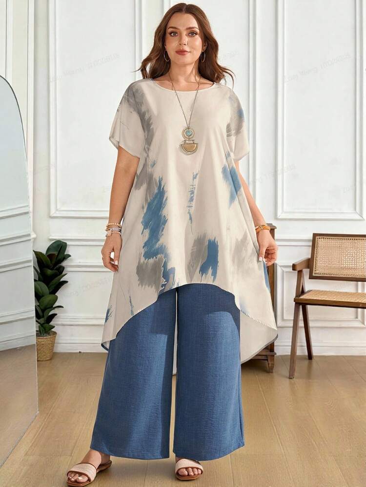 2pc Set Plus Size Women's Summer Casual Vacation Country  Tie-Dye Print Short Sleeve Loose Blouse Top Shirt And Pants 2 Piece Set  With Pockets,Spring/Summer,Summer\Vacation,Summer Holiday,Spring Break Outfits ,Vacation Outfits Women ,Holiday Outfits For Women,Going Out Outfits,2026 New Clothes,Simple And Fashionable For Everyday Wear,Suitable For Summer, Vacation, Daily Wear,Suitable For Summer, Vacation, Daily Wear,Country Concert Outfit ,Modest Two Piece Set, Plus Size Summer Sets,Plus Size Pants Set,Boho Set,Boho Pants Set For Women,Wide Leg Pants Set,2 Piece Casual Sets Woman,Two Piece Set Women