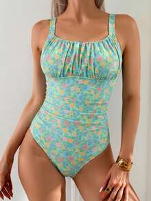 Swim Mod Women's Floral Print Ruched One-Piece Swimsuit For Vacation - Mint Green - View 5