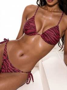 SHEIN Bộ bikini gợi cảm buộc dây cổ họa tiết da báo mùa hè dành cho nữ - Màu Đỏ Sâu - Xem 1