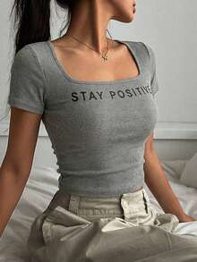 DAZY Women's Versatile Slogan Embroidered Square Neck Short Sleeve T-Shirt, Suitable For Daily Wear In Summer - Grey - View 1