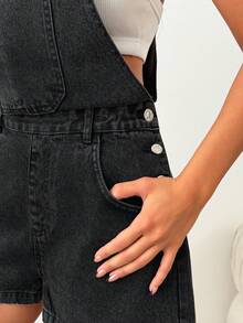 SHEIN Casual Style Adjustable Button Detailed Dark Grey Wash Short Denim Overall Jumpsuit - Dark Grey - View 4