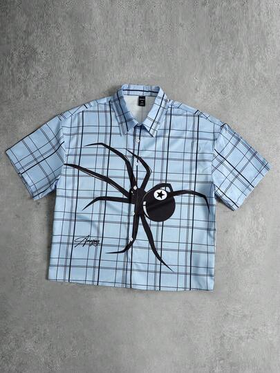 ROMWE MEN Street Life 男士蜘蛛印花宽松格子短袖衬衫，方正版型