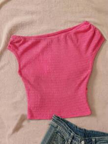 SHEIN 少女休闲时尚纯棕色纹理针织不对称肩部背心 - 粉色 - 查看 4