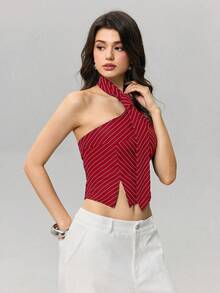 SHEIN MOD 女款紅白條紋掛脖繫帶短版上衣，無袖修身時尚上衣，適合夏季派對之夜、音樂節、海灘度假 - 紅色 - 查看 6