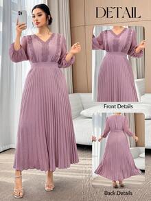 Modelyn Plus Size Elegant Commuter Solid Color Lace Trim Pleated Dress Pleated Skirt - Purple - View 3