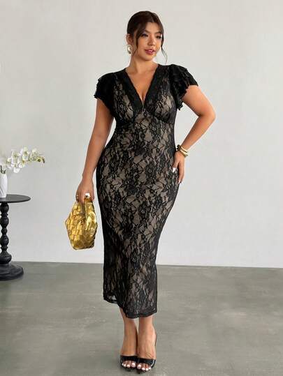 Firerie Plus Size Women Deep V-Neck Lace Elegant Waist Cinching Party Dress Lace Black Dress Black Cocktail Dress Sexy Elegant Dress Black Club Dress Classy Black Dress Spring/Summer Elegant Vacation Dress For Women Wedding Guest Dress For Women Graduation Dress For Women Festival Outfits For Women Black Lace Dress Women Black Wedding Guest Dress Women Black Tie Event Dress Curve