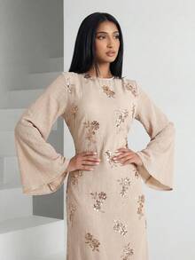 女士印花圆领优雅长袖阿拉伯连衣裙 - 卡其色 - 查看 4