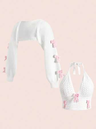 Kawaii Conjunto de cárdigan de punto con lazo decorativo, lindo y dulce, para talla grande de otoño/invierno
