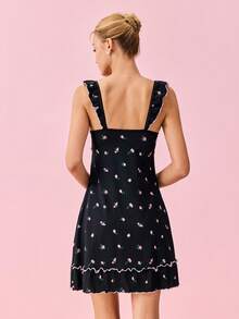 Bonmuse Floral Print Lettuce Trim Ruffle Hem Cami Pajama Nightdress PerfectSummerfor Summer - Black - View 2