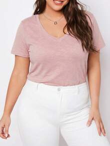 SHEIN BASICS 大码纯色V领短袖休闲舒适上衣 - 淺粉色 - 查看 1