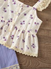 SHEIN Vintaside Kids 女童碎花荷叶边上衣和阔腿裤休闲两件套 - 紫色 - 查看 4