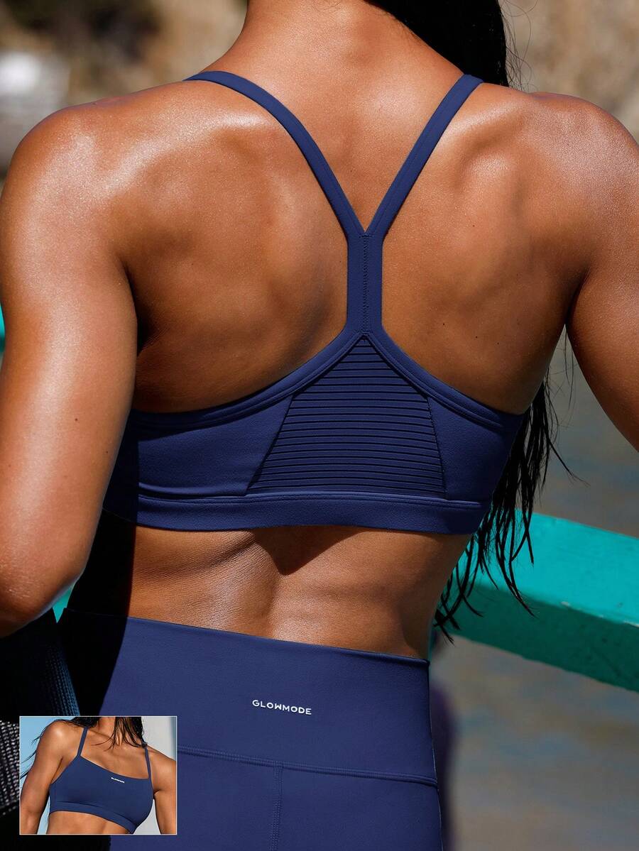 GLOWMODE Áo ngực thể thao FeatherFit™ GlowEscape với mút ngực có thể tháo rời, lưng lưới kẻ sọc, kiểu chữ Y, hỗ trợ vận động nhẹ, thích hợp cho kỳ nghỉ hè, du lịch, đi biển, mặc hàng ngày. - Dark Blue - Xem 1