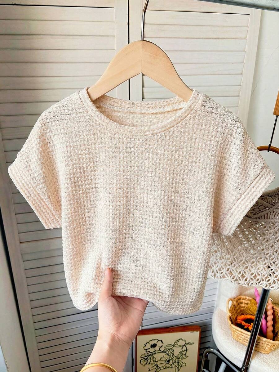 SHEIN 少女提花针织面料宽松落肩短袖T恤 - 卡其色 - 查看 1