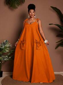 Maweii Vestido de línea A con tirantes finos para mujer de talla grande, conjunto casual para playa y vacaciones - Naranja - Ver 4