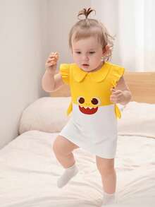 BABY SHARK X SHEIN Baby Girl Cartoon Print Contrast Color Cute Doll Face Dress - Yellow - View 6