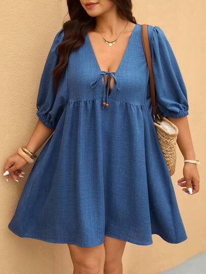 Elaquor Plus Size V-Neck Tie Bow Puff Sleeve Ruched Flounce Hem A-Line Midi Dress, Casual Loose Elegant Commuter Vintage Summer Dress, Vacation Dress, Blue Dress, Casual Short Dress