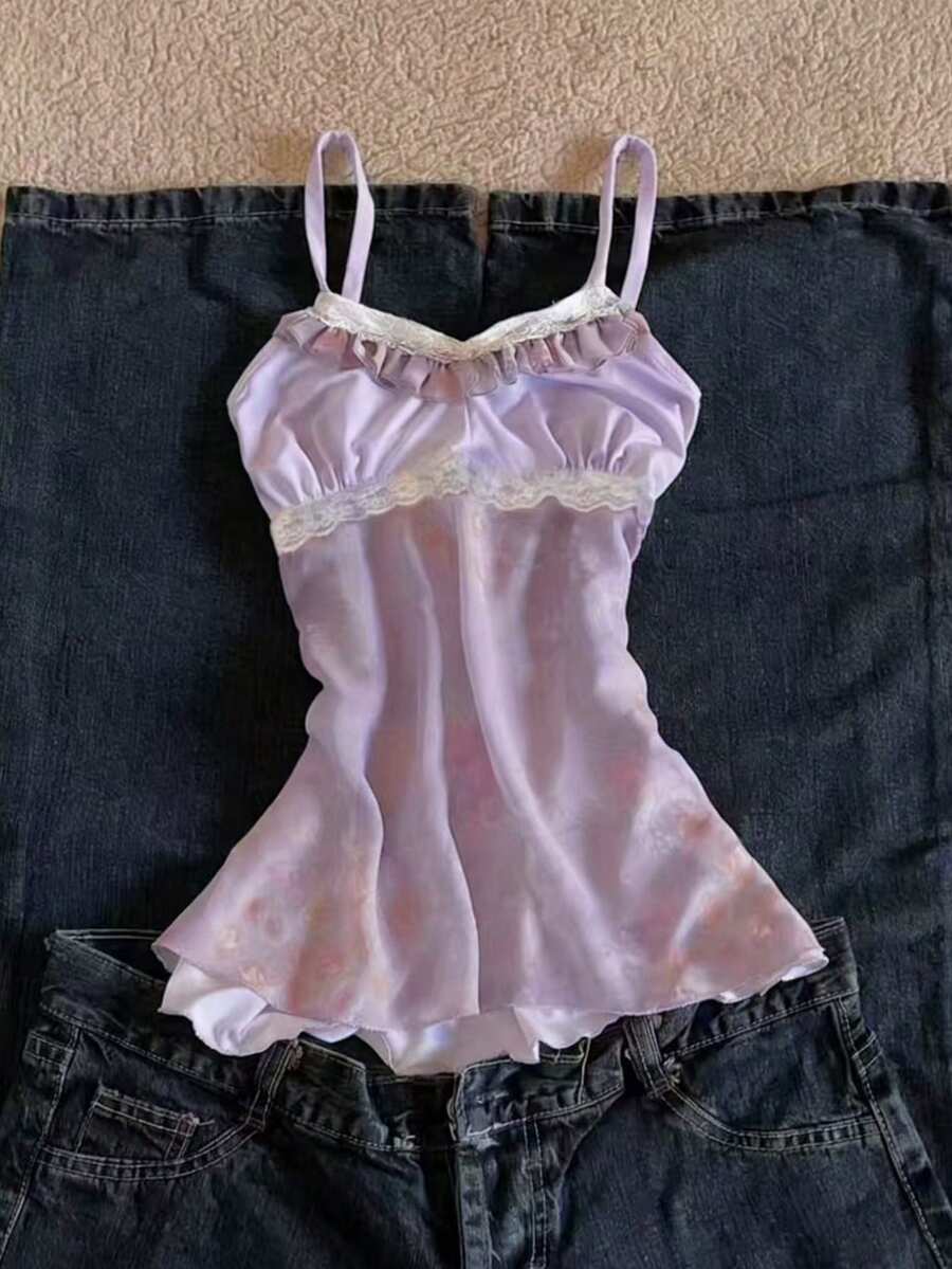 Glimmora 女士蕾丝边荷叶边休闲百搭日常吊带背心 - 紫色 - 查看 1