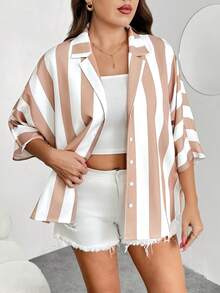 Enliva Blouse femme grande taille décontractée, ample, mode, polyvalente, simple, rayée. Adaptée aux courbes rondes du corps - Kaki - Voir 5