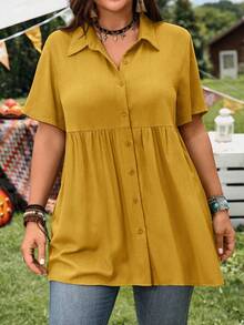 EMERY ROSE Zanzea Plus Size Short Sleeve Mustard Yellow Button-Up Shirt, Casual Summer Boho Hiking Vacation Blouse For Women With Longer Back, Festival - Yellow - View 4
