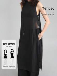 Ontre Petite Áo tank top dài màu đen trơn dáng rộng mùa hè 2026 dành cho nữ, có xẻ tà và cài cúc, phù hợp cho giáo viên và mặc đi club. - màu đen - Xem 6