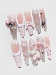 ROMWE Anime 10张Y2K可爱爱心、星星、蝴蝶结、翅膀美甲贴纸，带胶带 - 粉色 - 查看 1