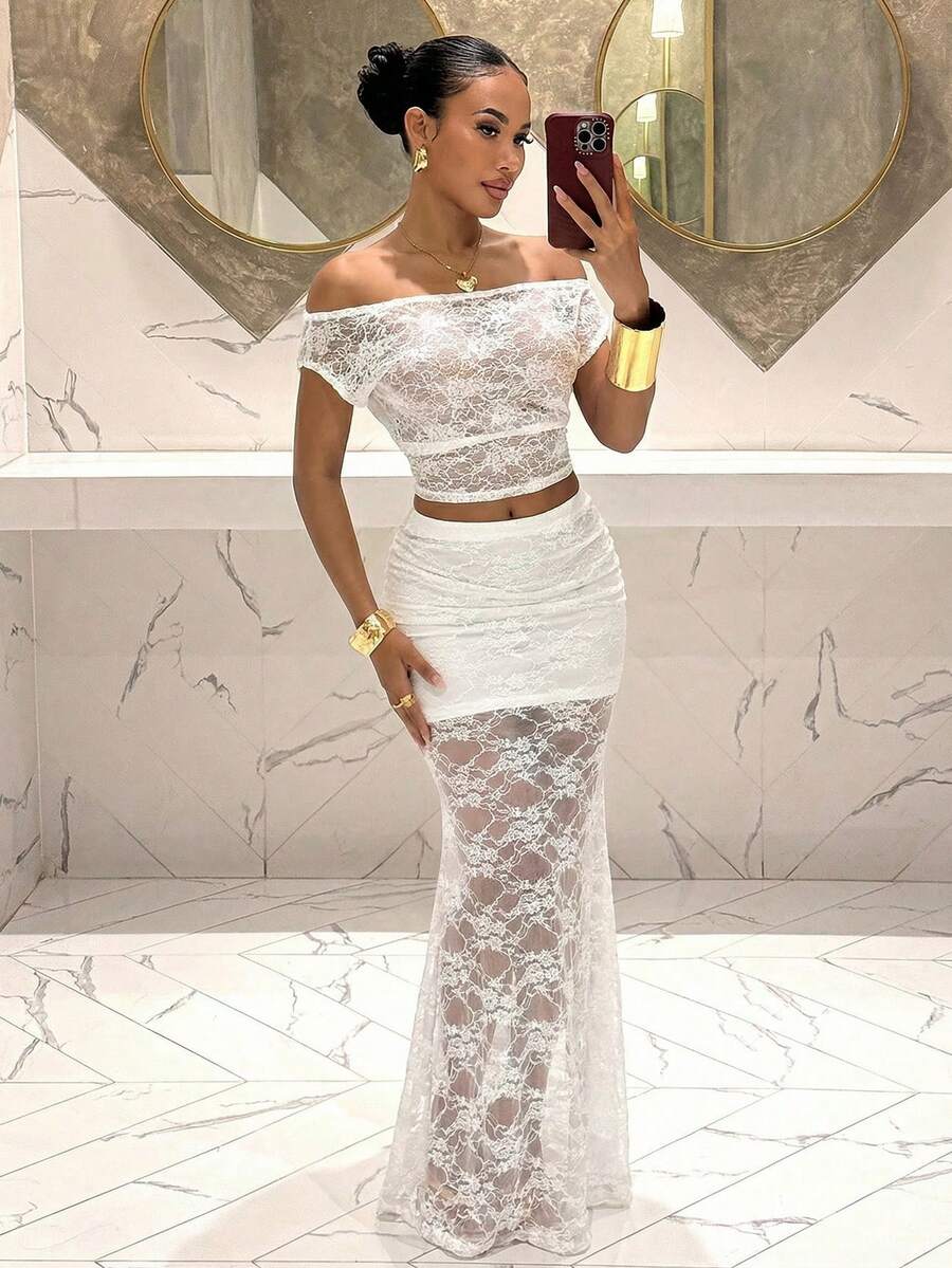Slaydiva Elegante falda larga de encaje semitransparente blanca estilo sirena para vacaciones de verano - Blanco - Ver 1