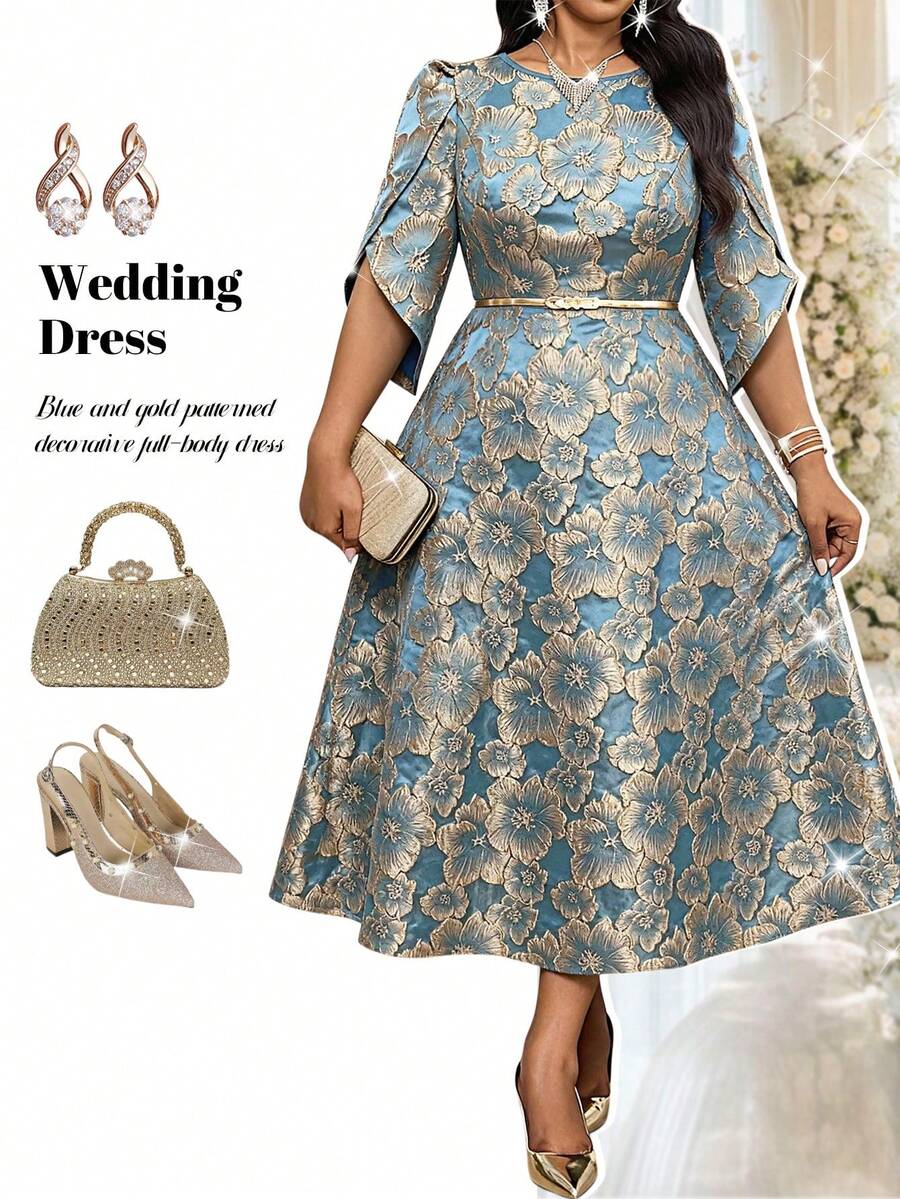 Fleurora Plus Size Women Floral Jacquard Round Neck Petal Sleeve Elegant Dress Brocade Midi Blue For Luxury Dusty Evening Dresses Formal Ceremony
