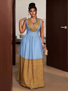 Maweii Plus Size Women Patchwork Ruched Waist Elegant Party Dress - Baby Blue - View 5