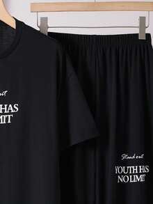 SHEIN Dozemod Kids Teen Girl Minimalist Letter Print Round Neck Short Sleeve Pants Knit Casual Pajama Set, 2pcs - Multicolor - View 3