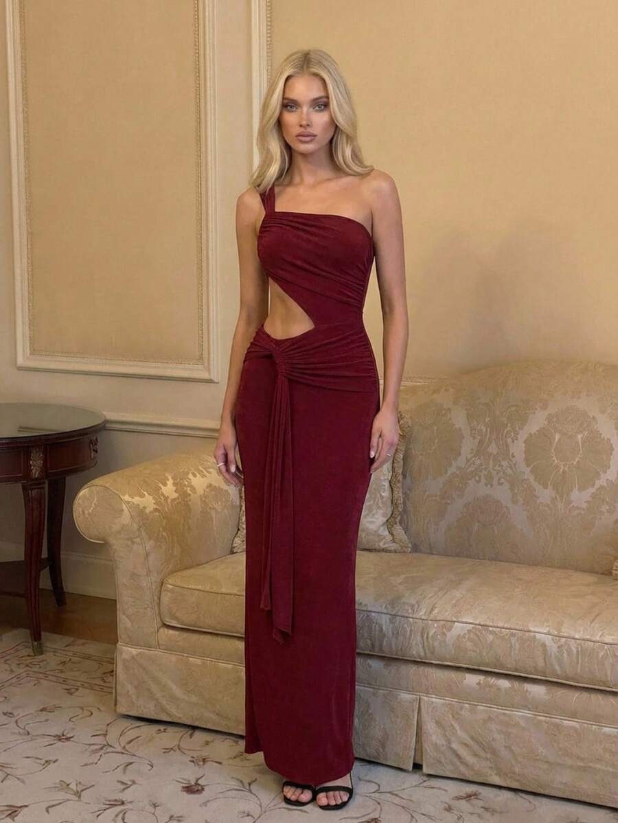 Vowa Elegant Luxury Cream Satin One-Shoulder Eyelash Collar Ruched Waist Splice Fishtail Hem Dress, Suitable For Festivals, Weddings, Galas, Concerts, Business Events, Influencer Activities (Adult)