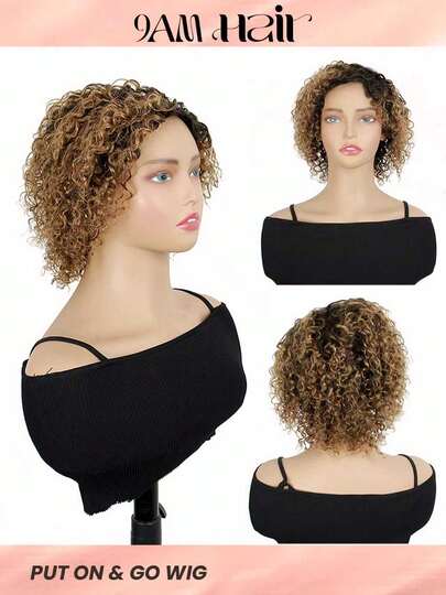 8英寸精灵短发假发，真人发短波波头假发，1B/30渐变蜂蜜金棕色，水波纹真人发假发，无蕾丝前额假发，全机织假发